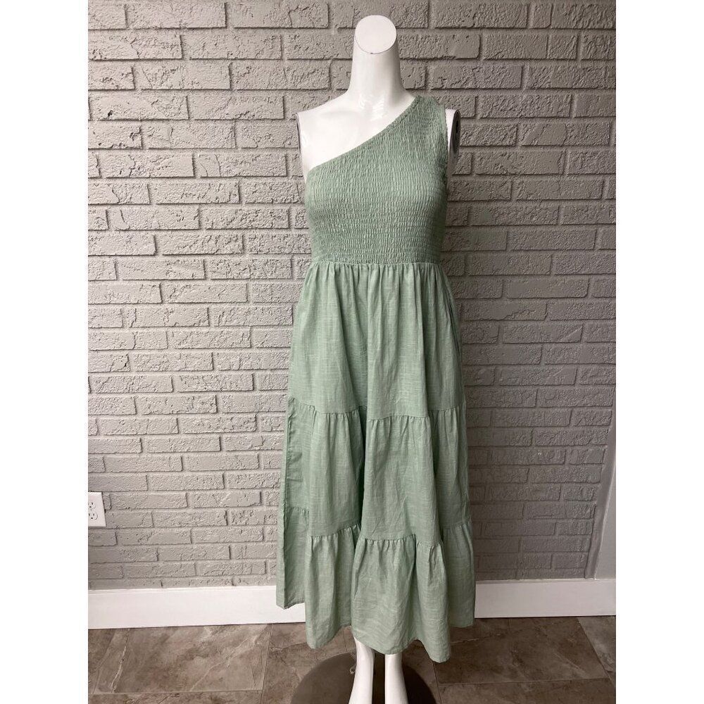 Women Sage Green Smocked One Shoulder Tiered Dress Size M